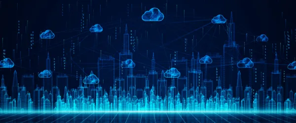 An image of blue data clouds connected above a city