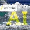 Abstract digital art featuring distorted clouds and vibrant text reading "let's get real AI," against a blue background.