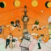 Illustration of people working on computers and devices around a central telecommunications tower, with papers, arrows, and moon phases in the background.